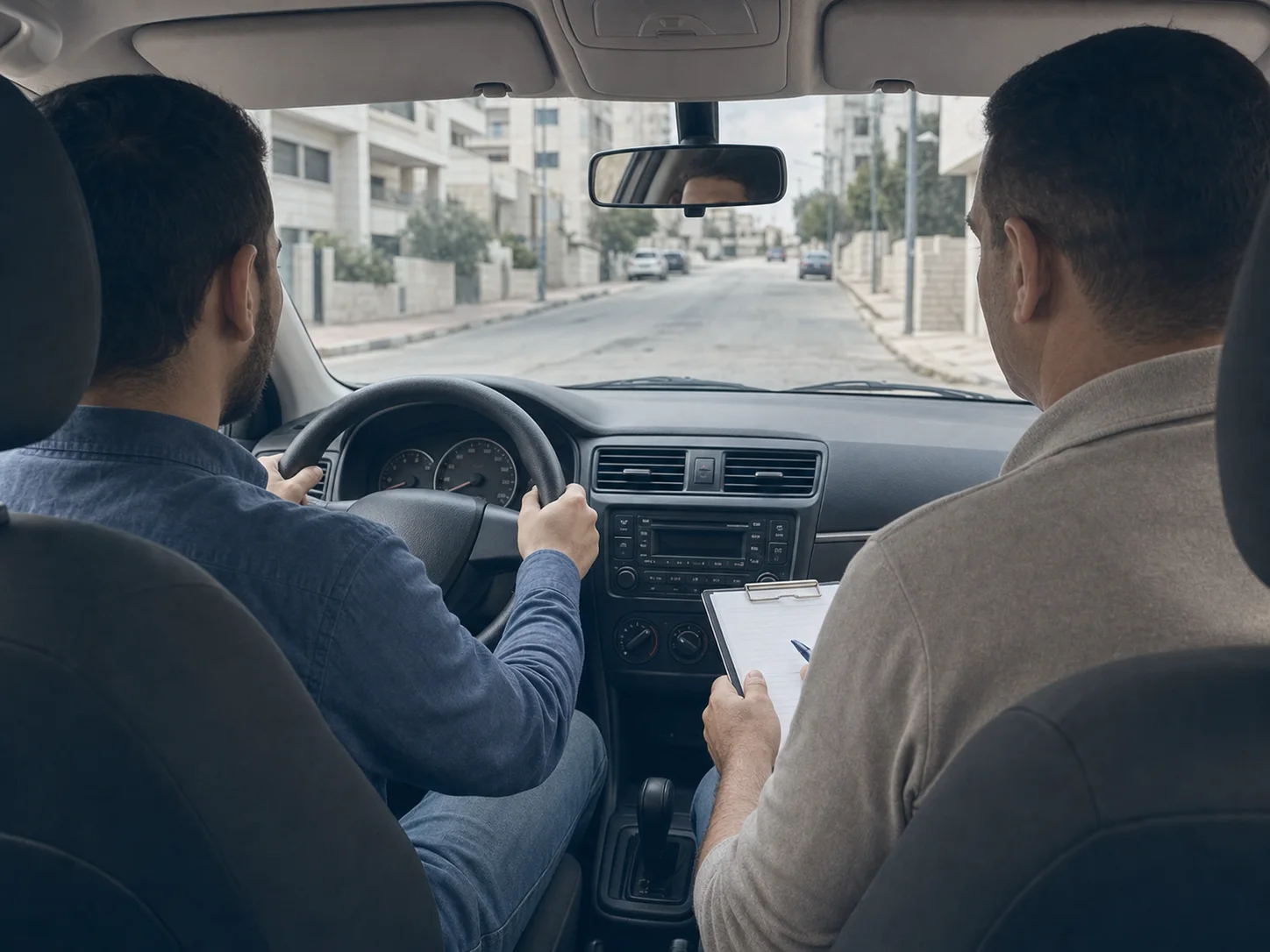 صورة توضيحية لطالب يتدرّب على القيادة مع مدرّب